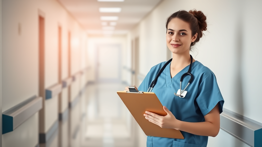 Peaceful healthcare professional in scrubs holding clipboard, soft natural lighting, calming hospital corridor background, no text no words no letters