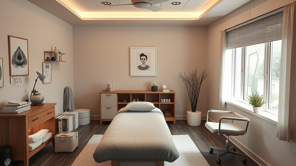 Serene therapy room with treatment table and equipment, warm lighting, organized professional space, healing atmosphere, no text no words no letters