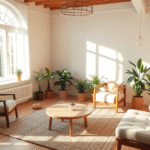 Peaceful therapy room with natural lighting soft colors comfortable seating plants creating healing environment no text no words no letters