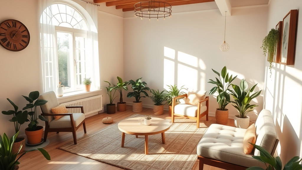 Peaceful therapy room with natural lighting soft colors comfortable seating plants creating healing environment no text no words no letters