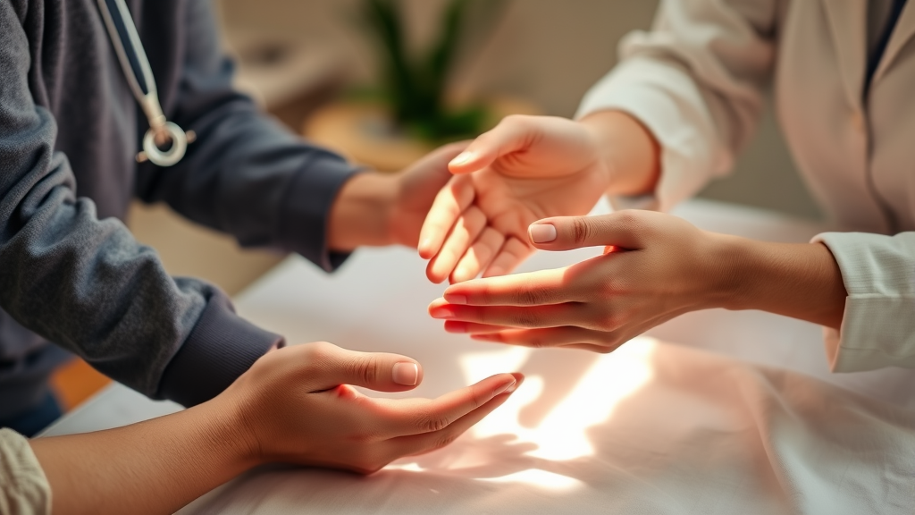 Gentle hands working together in rehabilitation setting warm lighting serene atmosphere therapeutic tools no text no words no letters