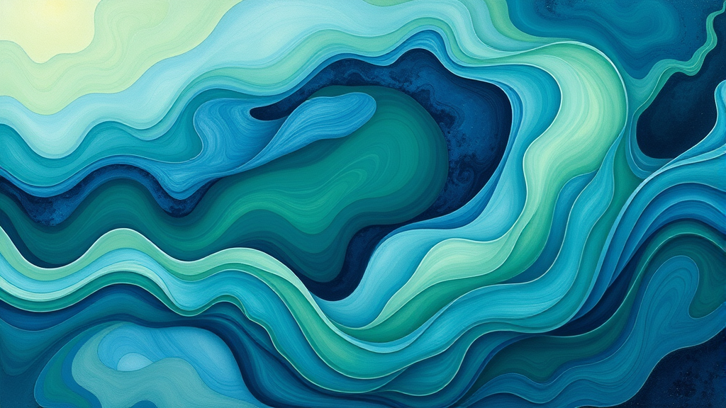 Abstract representation of personal growth and healing with flowing organic shapes calming blues and greens no text no words no letters