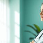 Peaceful healthcare professional in soft natural lighting with calming blue and green tones representing wellness and healing no text no words no letters