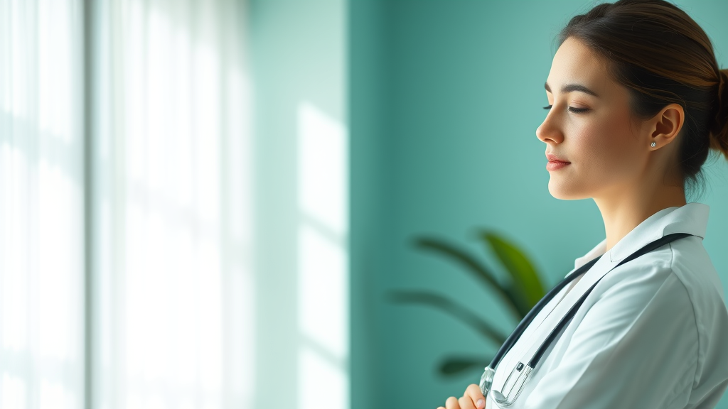 Peaceful healthcare professional in soft natural lighting with calming blue and green tones representing wellness and healing no text no words no letters