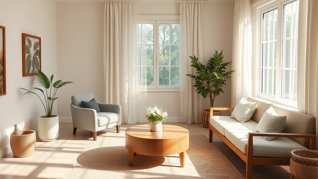 Serene therapy room with gentle natural light and comfortable seating in soft neutral colors conveying care and support no text no words no letters