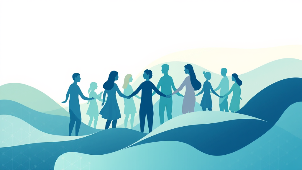 Abstract representation of community connection, flowing organic shapes in calming blues and greens, peaceful unity concept, no text no words no letters