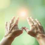 Gentle hands reaching toward light, soft blue and green tones, healing and wellness concept, serene atmosphere, no text no words no letters