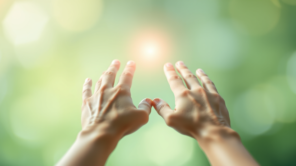 Gentle hands reaching toward light, soft blue and green tones, healing and wellness concept, serene atmosphere, no text no words no letters