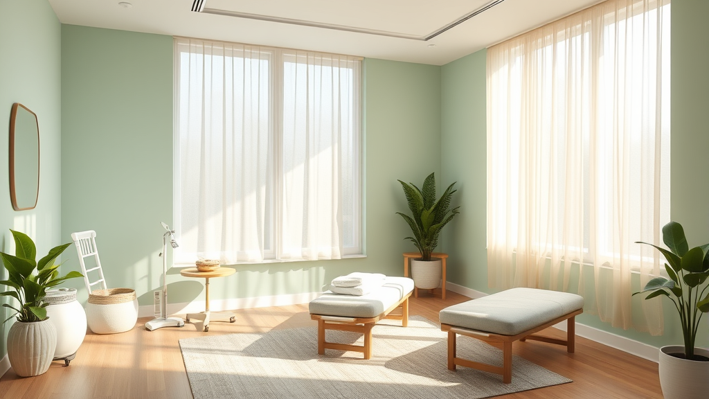 Peaceful therapy room with natural lighting, calming colors, wellness equipment, tranquil healing environment, no text no words no letters