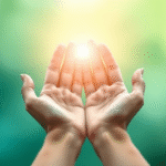 Gentle hands reaching toward light with soft blue and green tones representing healing and wellness journey, no text no words no letters