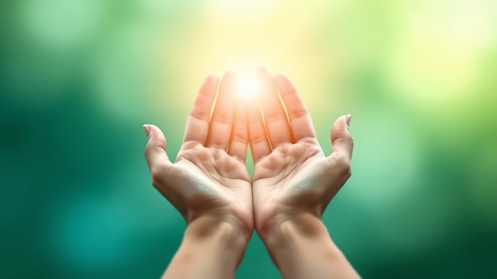 Gentle hands reaching toward light with soft blue and green tones representing healing and wellness journey, no text no words no letters