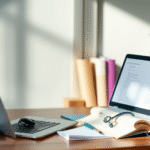 Peaceful study space with laptop and medical textbooks, soft natural lighting, calming blues and greens, wellness concept, no text no words no letters
