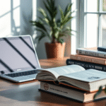 Peaceful study space with laptop and medical textbooks, soft natural lighting, calming blue tones, plants, serene learning environment, no text no words no letters