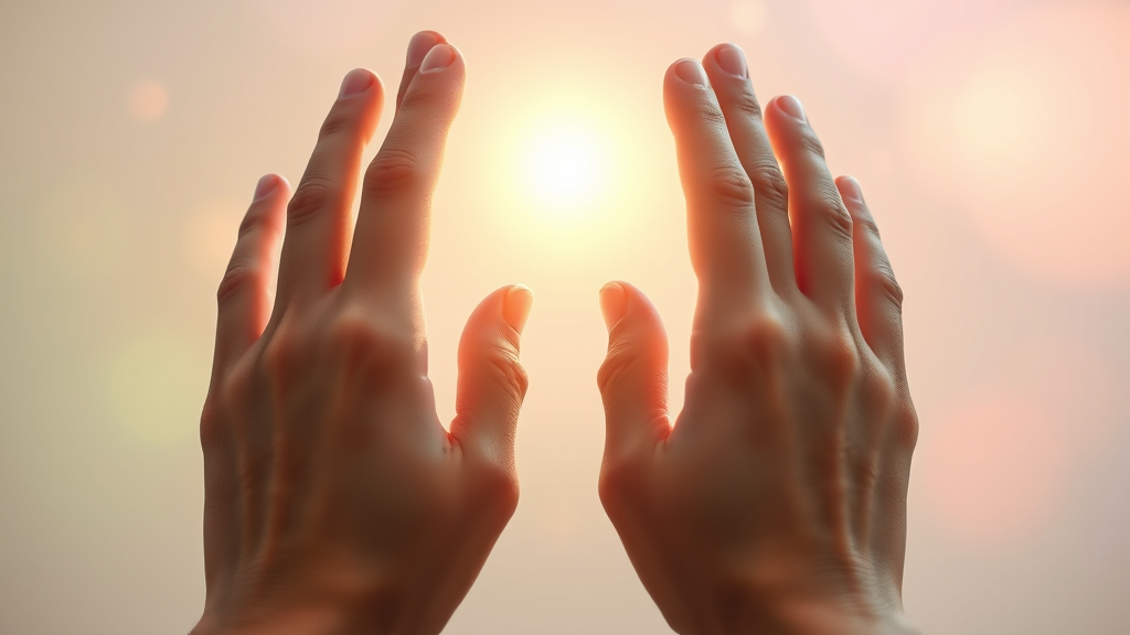 Gentle hands reaching toward healing light, abstract representation of caring therapy, soft pastels, ethereal glow, therapeutic concept, no text no words no letters