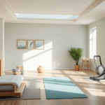 Serene home therapy space with soft natural lighting gentle exercise equipment peaceful wellness environment no text no words no letters