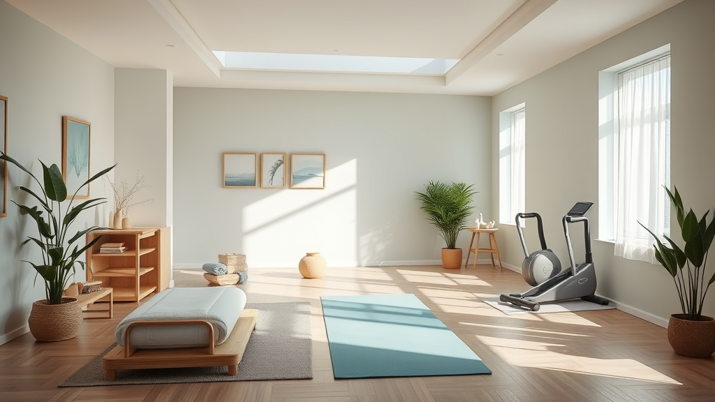 Serene home therapy space with soft natural lighting gentle exercise equipment peaceful wellness environment no text no words no letters