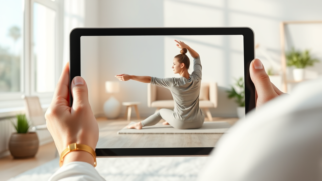 Modern tablet showing virtual therapy session calm patient practicing gentle stretches bright airy room peaceful atmosphere no text no words no letters