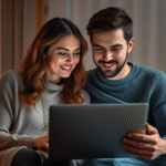 Couple sitting together looking at laptop screen with soft warm lighting, peaceful home environment, modern living room setting, no text no words no letters