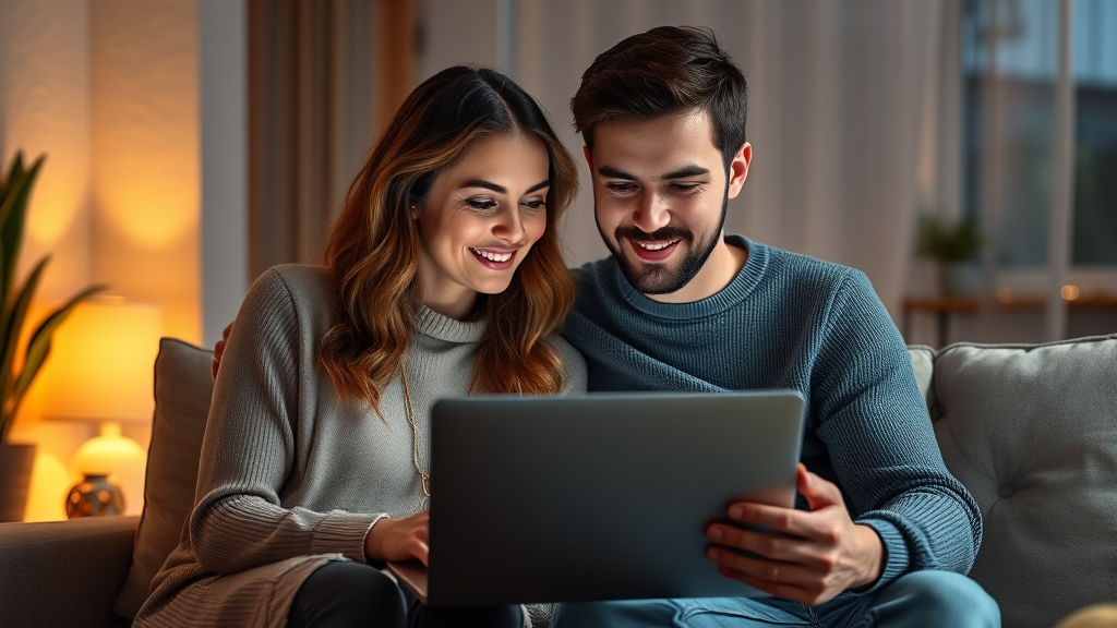 Couple sitting together looking at laptop screen with soft warm lighting, peaceful home environment, modern living room setting, no text no words no letters
