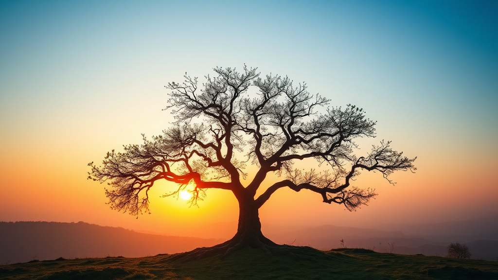 Serene nature scene with two trees growing together, intertwined branches, golden sunset light, symbolizing partnership and growth, no text no words no letters