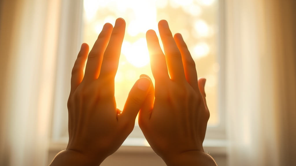 Gentle hands reaching toward sunlight through window, soft warm lighting, hope and healing concept, peaceful rehabilitation setting, no text no words no letters
