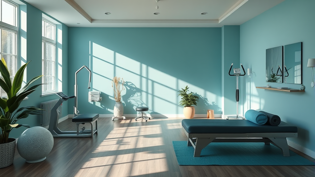 Serene physical therapy setting with soft natural lighting, gentle movement equipment, calming blue and green tones, peaceful healing environment, no text no words no letters