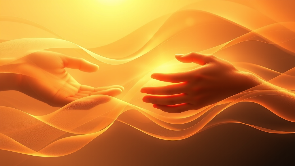 Abstract representation of human movement and healing, flowing graceful lines, warm golden light, therapeutic hands in gentle motion, no text no words no letters