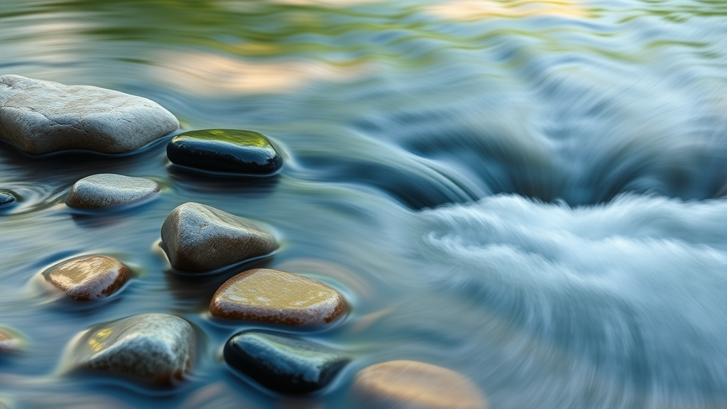 Peaceful nature scene with flowing water and smooth stones, representing healing journey, soft morning light, tranquil blues and greens, no text no words no letters