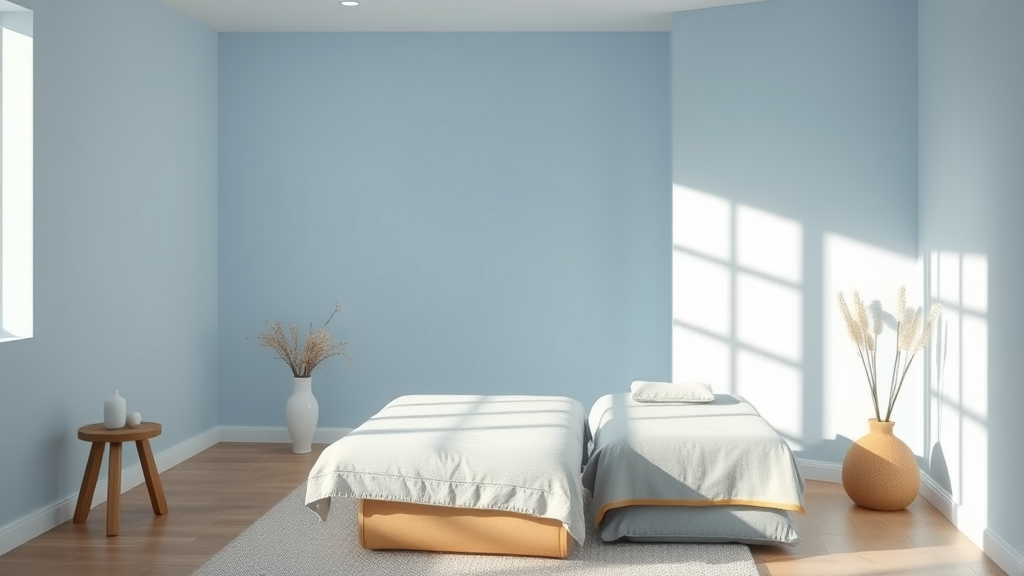 Peaceful therapy room with soft natural lighting, calming blue tones, healing atmosphere, serene wellness environment, no text no words no letters