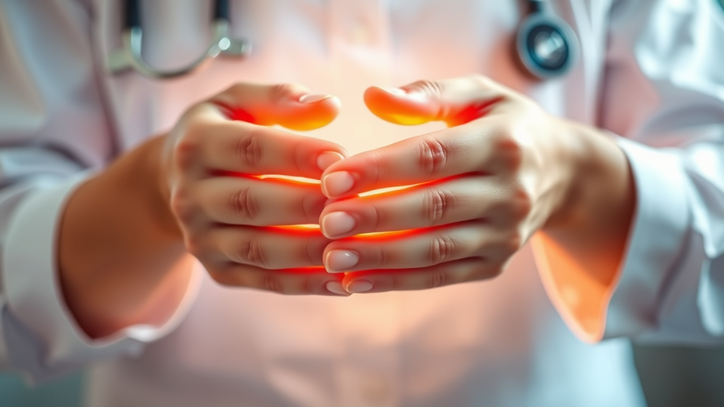 Gentle hands providing therapeutic care, warm lighting, healing touch concept, professional healthcare setting, no text no words no letters