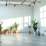 Peaceful wellness center interior with soft natural lighting, plants, calming blue and green tones, serene atmosphere, no text no words no letters