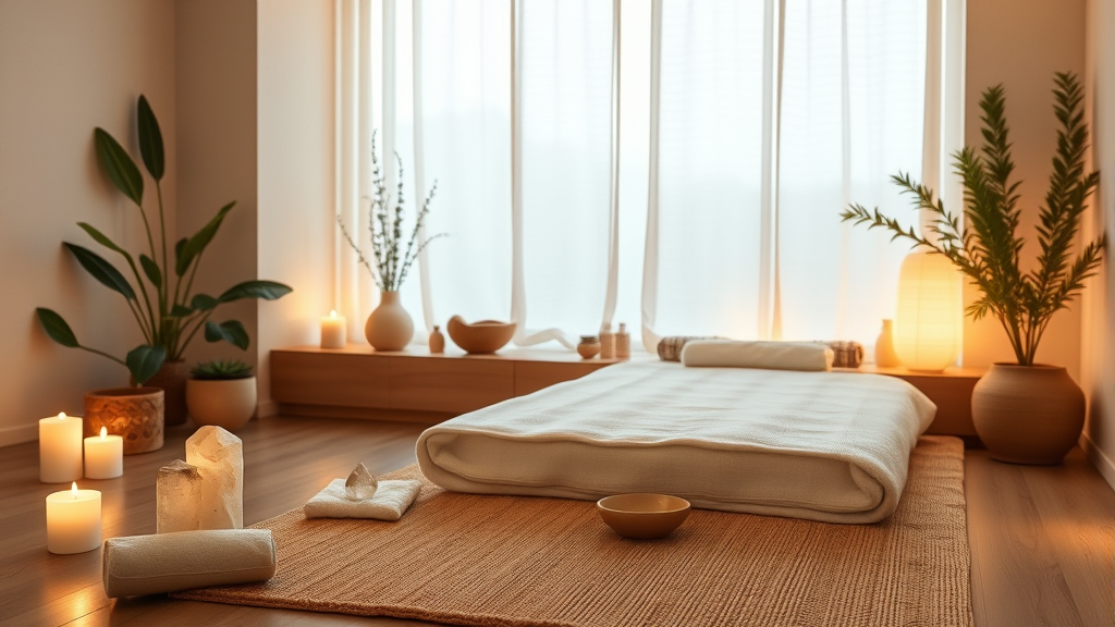 Tranquil spa-like treatment room with natural elements, soft warm lighting, healing crystals, zen atmosphere, wellness concept, no text no words no letters