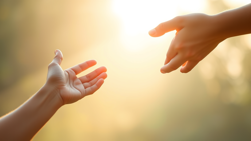 Peaceful hands reaching toward each other in soft morning light, representing healing and connection, no text no words no letters