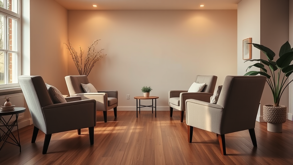 Calm therapy setting with comfortable chairs facing each other in warm natural lighting, peaceful and inviting, no text no words no letters