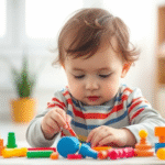 Child playing with colorful therapy tools in bright natural lighting, soft focus background, peaceful developmental setting, no text no words no letters