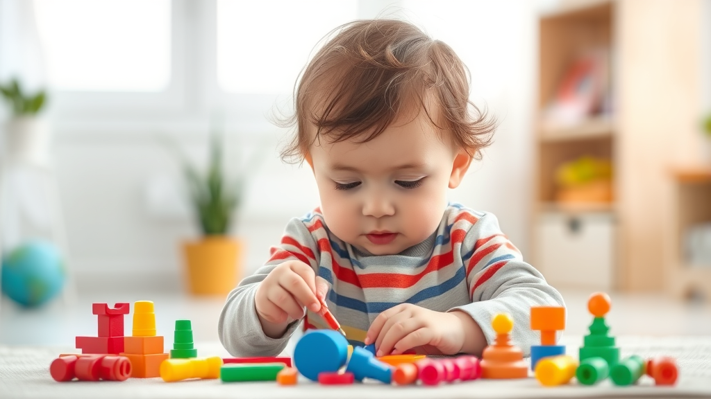 Child playing with colorful therapy tools in bright natural lighting, soft focus background, peaceful developmental setting, no text no words no letters