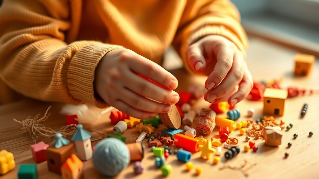 Gentle hands working with sensory materials, warm lighting, therapeutic environment, calming colors, developmental support, no text no words no letters