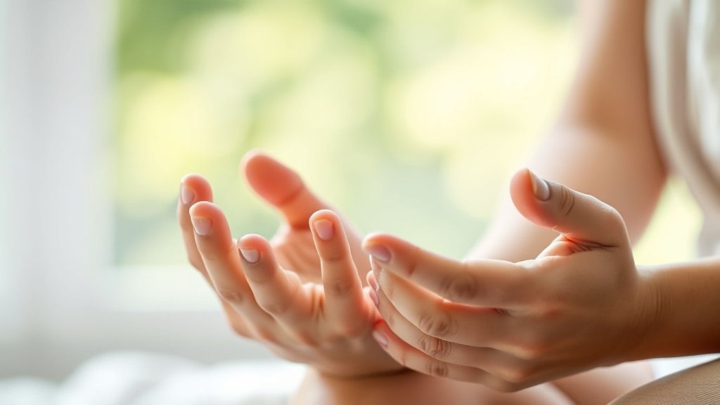 Gentle hands supporting child development, soft natural lighting, peaceful therapy environment, calming blues and greens, no text no words no letters
