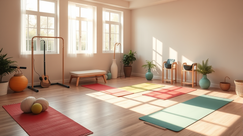 Soft sunlit therapy room with colorful mats and gentle exercise equipment, warm lighting, peaceful healing environment, no text no words no letters