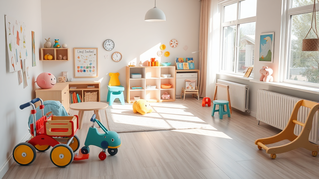 Child-friendly rehabilitation space with therapeutic toys and mobility aids, natural lighting, calming pastel colors, no text no words no letters