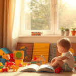 Warm sunlight streaming through window onto child's colorful toys and books creating peaceful learning environment no text no words no letters