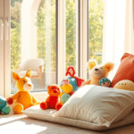 Gentle sunlight streaming through window onto colorful therapy toys and soft cushions creating warm peaceful environment no text no words no letters