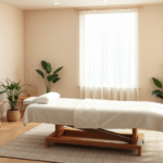 Peaceful therapy room with soft natural lighting, calming earth tones, comfortable treatment table, plants, serene healing environment, no text no words no letters