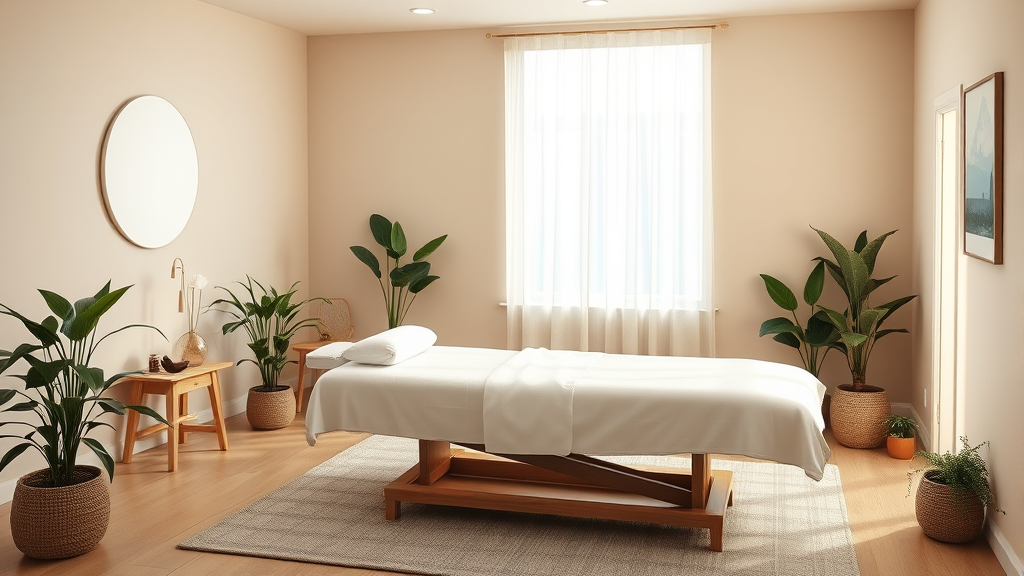 Peaceful therapy room with soft natural lighting, calming earth tones, comfortable treatment table, plants, serene healing environment, no text no words no letters