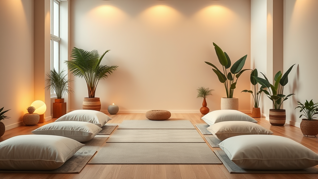Tranquil meditation space with soft cushions, warm lighting, indoor plants, representing inner peace and wellness journey, no text no words no letters