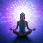 Peaceful person meditating with soft electromagnetic field visualization, gentle blue and purple energy waves, serene healing environment, no text no words no letters