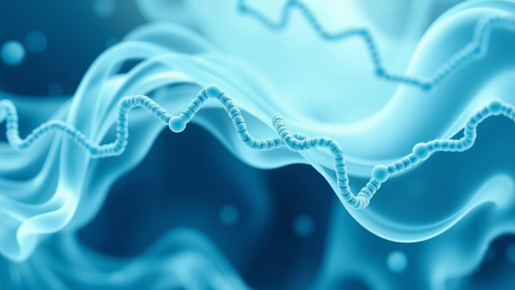 Abstract flowing molecular structures in soft blues and greens representing peptide chains and cellular communication no text no words no letters