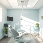 Peaceful dental office with soft natural lighting, calming blue and green tones, gentle healing atmosphere, no text no words no letters