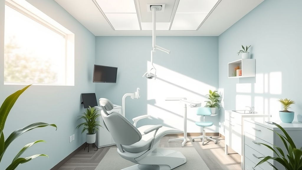 Peaceful dental office with soft natural lighting, calming blue and green tones, gentle healing atmosphere, no text no words no letters