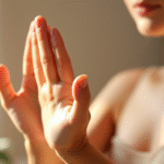 Peaceful hands gently stretching with soft natural lighting, serene wellness atmosphere, no text no words no letters